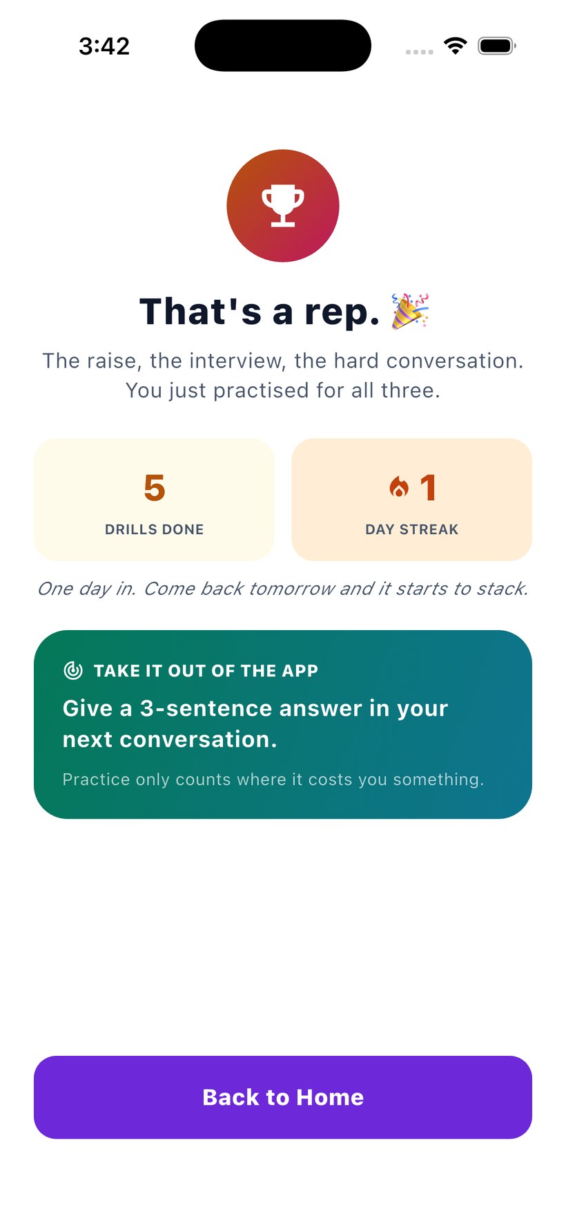 Session complete screen showing drills done, day streak, and one thing to apply today