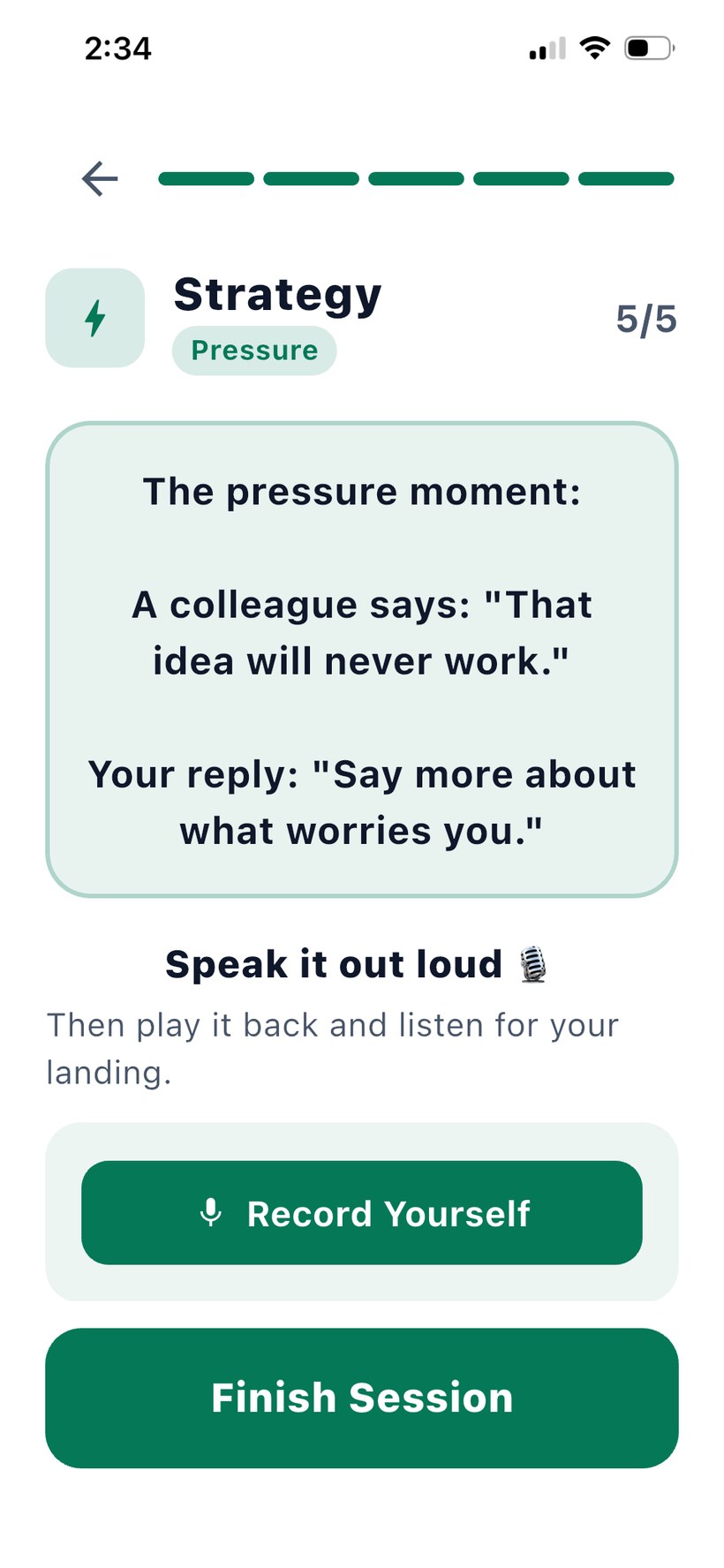 A Strategy drill presenting a pressure moment, a suggested reply, and a Record Yourself button