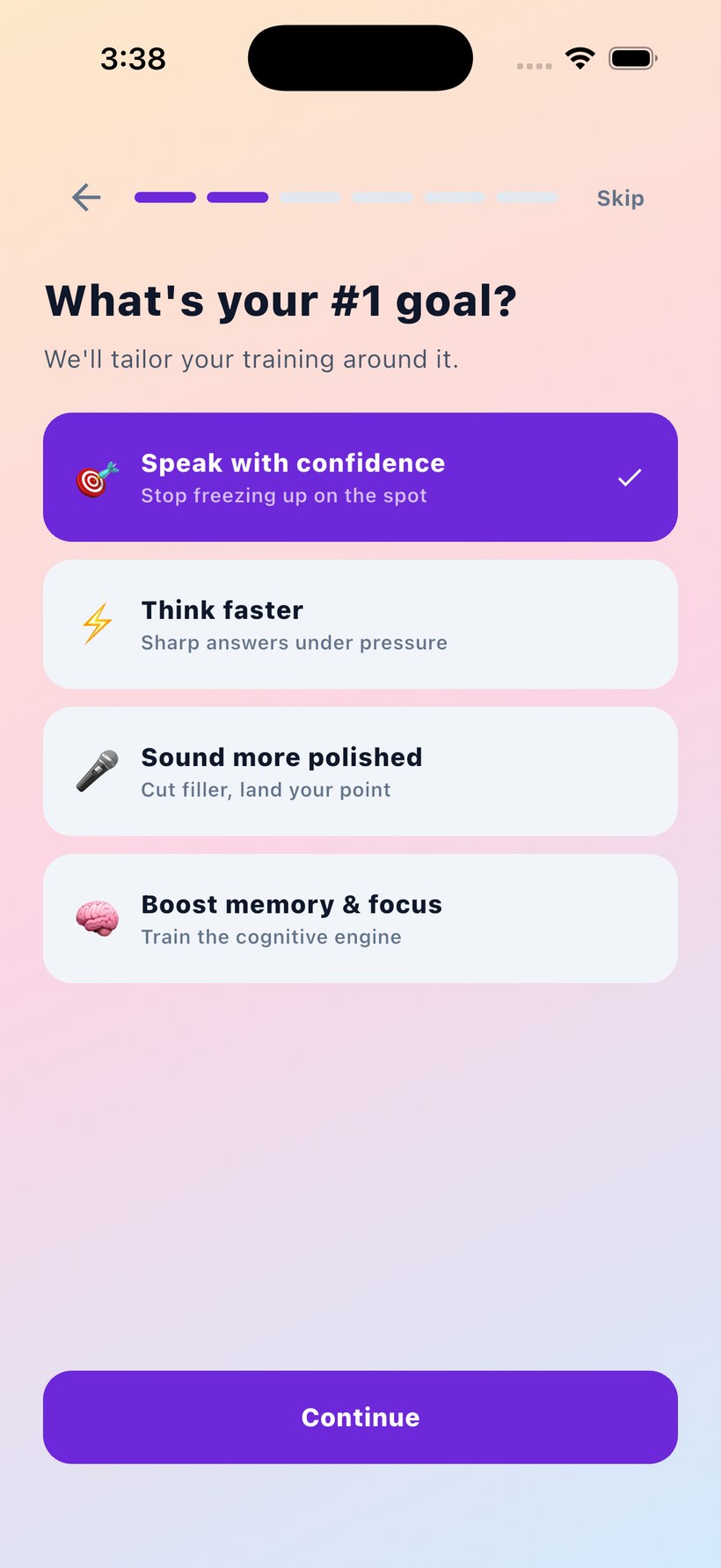 Onboarding asking What&rsquo;s your number one goal, with four choices: speak with confidence, think faster, sound more polished, boost memory and focus