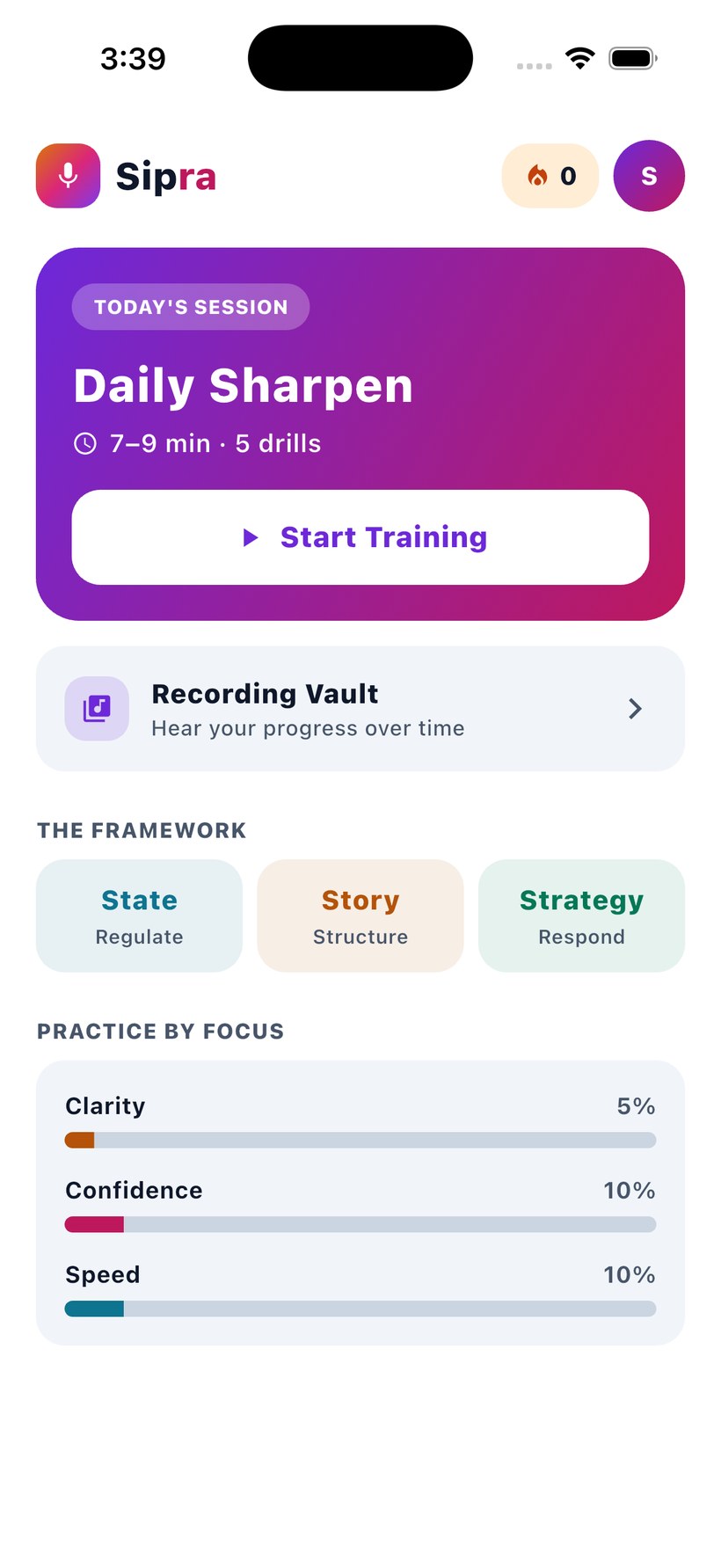 Sipra home screen with today&rsquo;s session, the recording vault, the State Story Strategy framework and practice progress