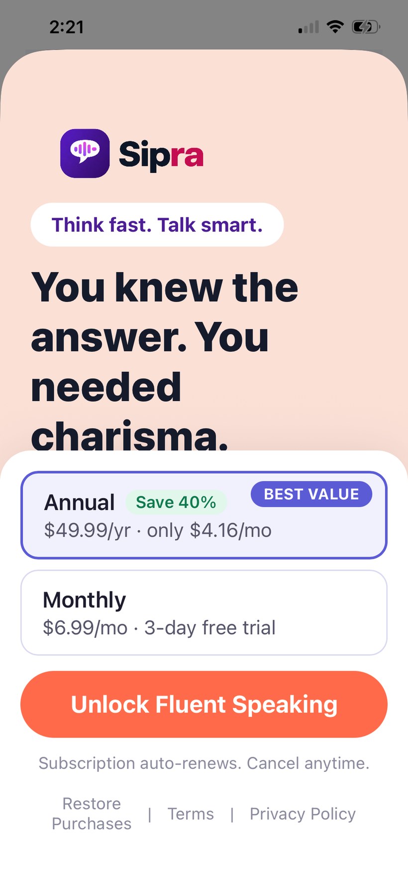 Sipra Pro paywall showing the annual plan at $49.99 a year and the monthly plan at $6.99 a month with a three-day free trial