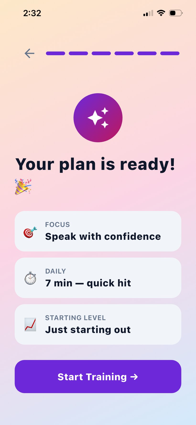 Plan ready screen showing focus, daily session length and starting level