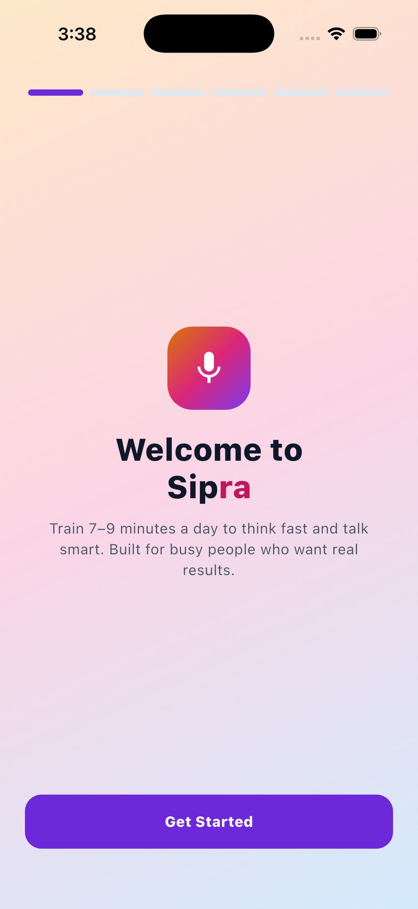 Sipra welcome screen: train seven to nine minutes a day to think fast and talk smart